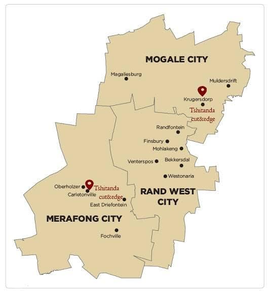 Map showing Tshitanda Cut & Edge locations in Carletonville and Krugersdorp