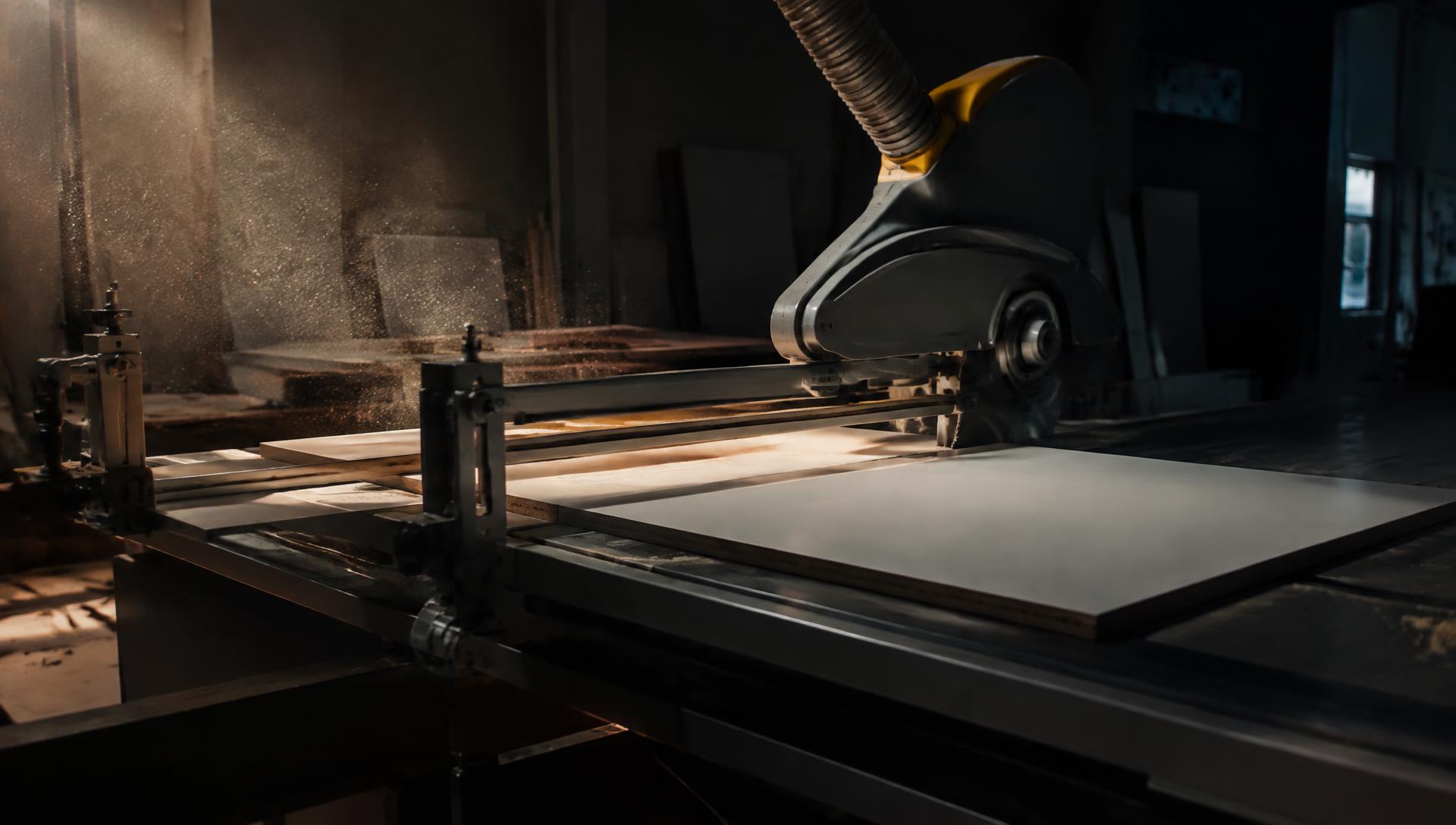 Board-cutting machine cutting a laminated board